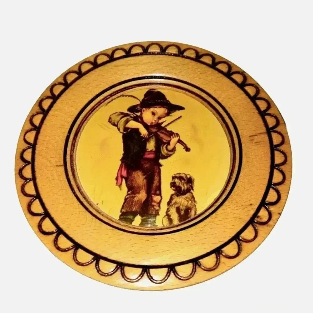 Wooden Plate Wall Decor Boy Playing Violin To Dog Vintage